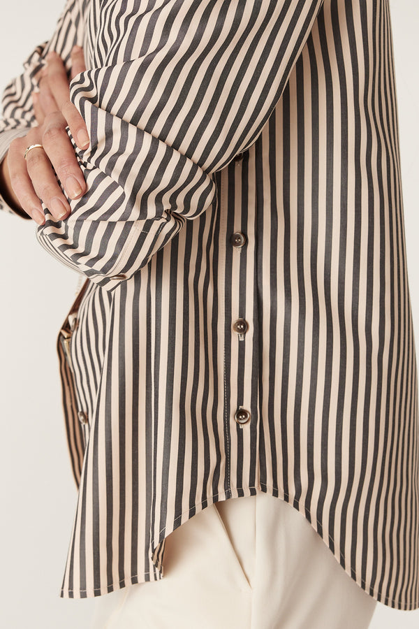 Jamie Stripe Shirt in khaki stripe, featuring a button-through front, curved hem, and side button detail.