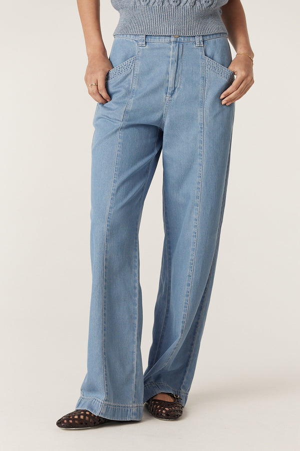 Blue Pearce wide-leg pants in lyocell-cotton blend, with zip fly, double belt loops, and front pockets.