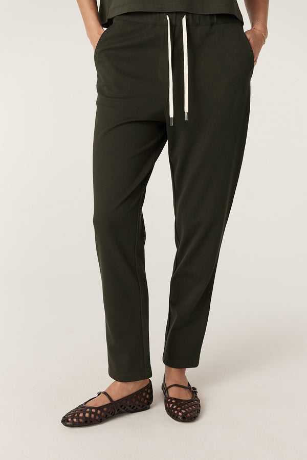 Forest green Luca Twill Jogger with white drawcord, elastic waist, and tapered leg.
