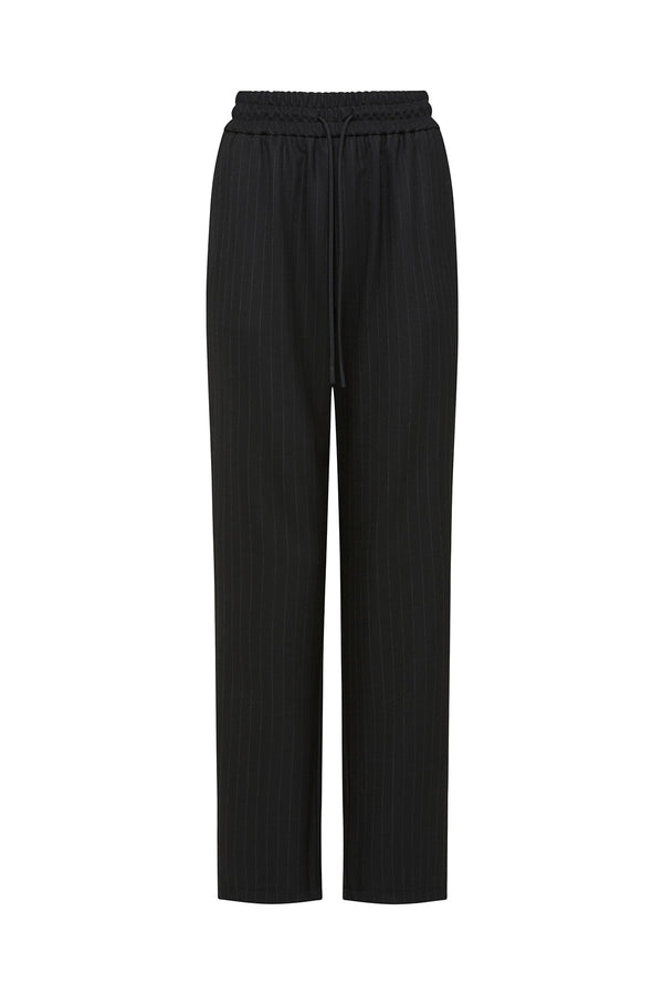 Black pinstripe Vincent wool blend pants with elasticated waist and drawcord.