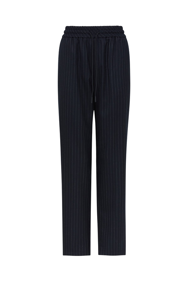 Navy pinstripe Vincent wool blend pants with elasticated drawcord waist and tapered leg.