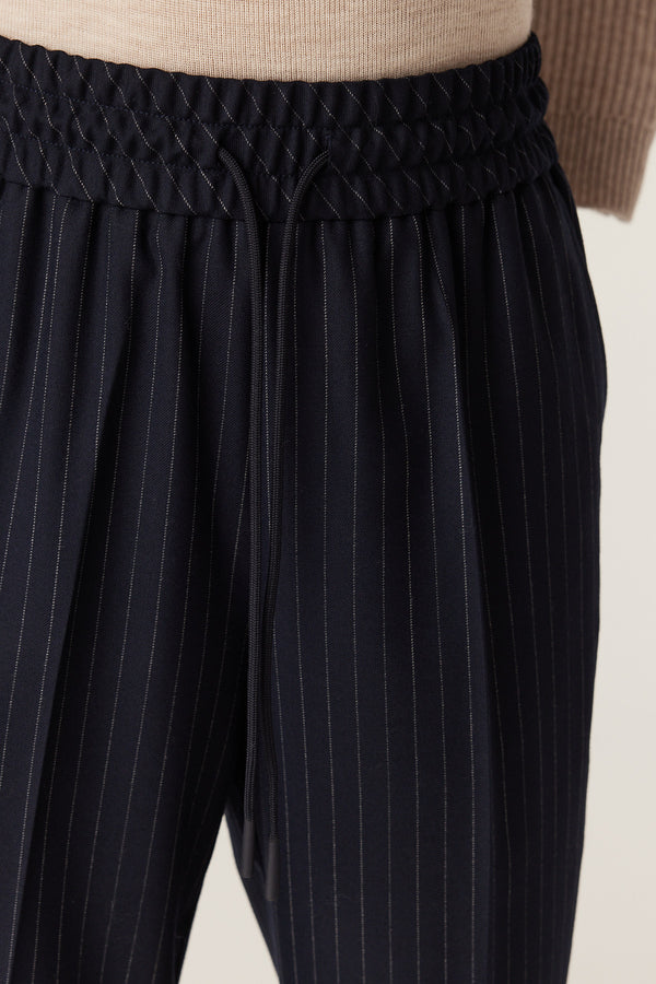 Navy pinstripe Vincent wool pants with an elasticated waist and black drawcord, worn with a beige top.
