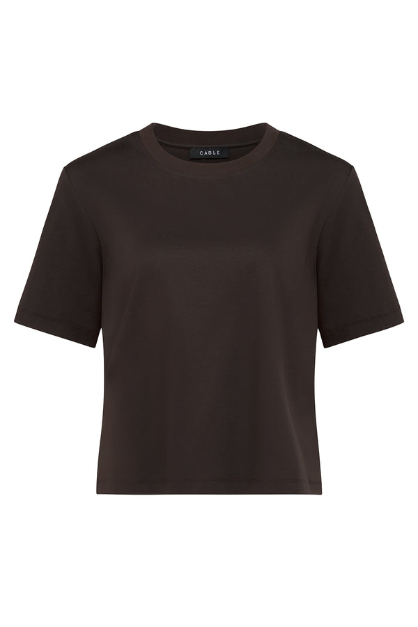 Espresso Pima Boxy Tee: relaxed fit, soft cotton, crew neck with ribbed band, short sleeves.