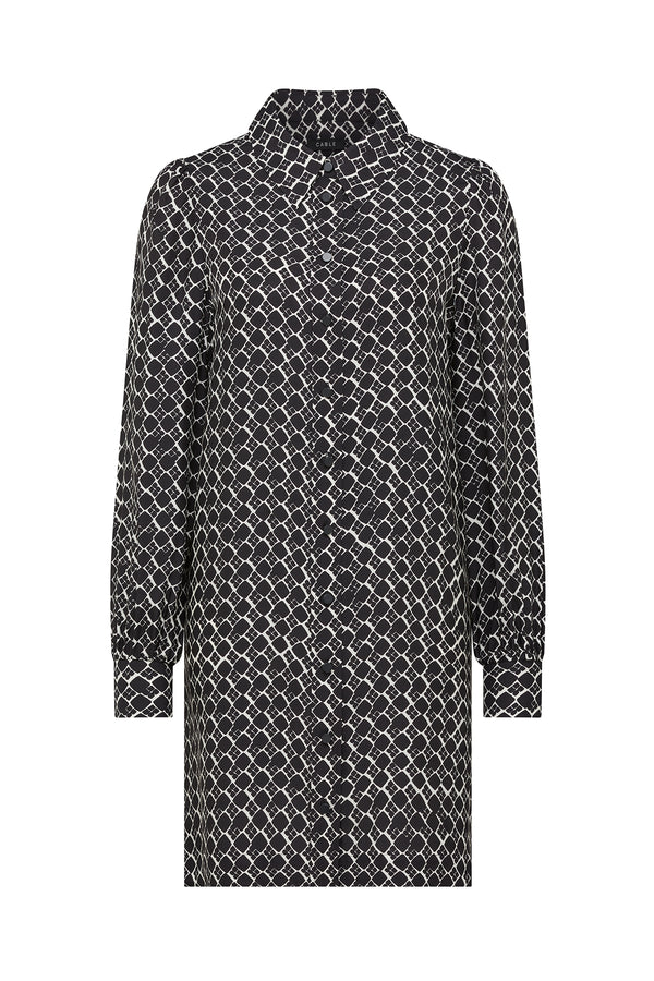 Black geo print Hamilton dress in breathable silk blend twill, featuring a shirt collar and button-through front.