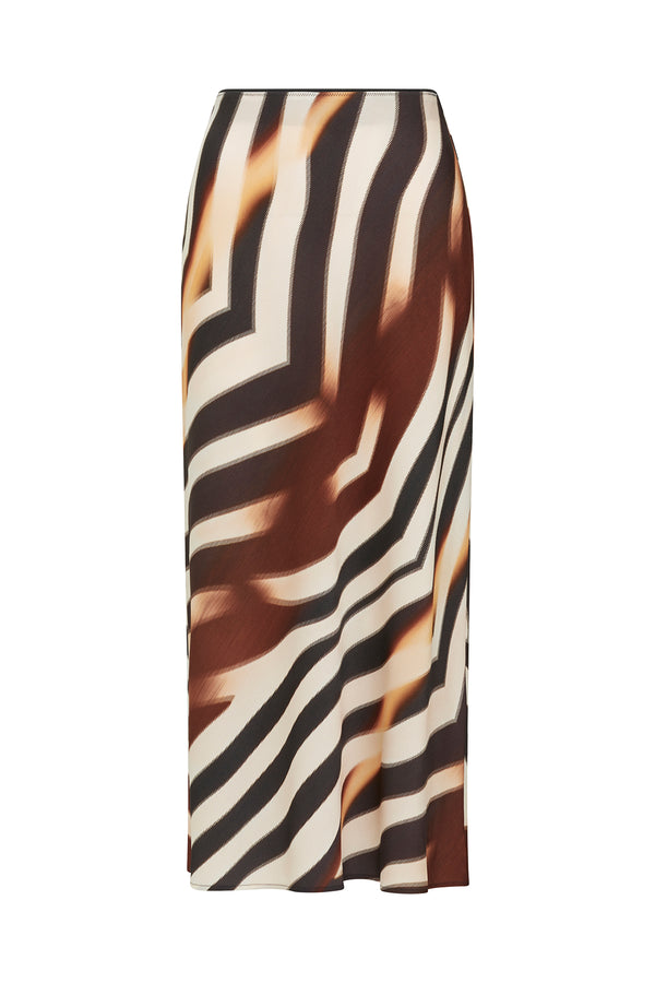 Sasha Skirt: bias-cut, medium-weight woven fabric with a brown and cream exclusive zebra print.