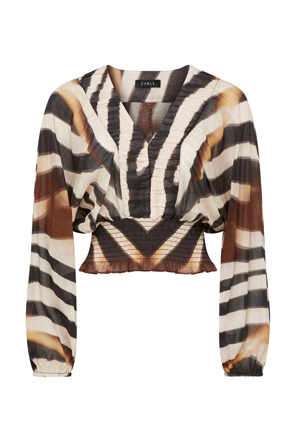 Sasha Blouse: Zebra print linen blend with V-neck, ruched detail, batwing sleeves, and shirred waist.