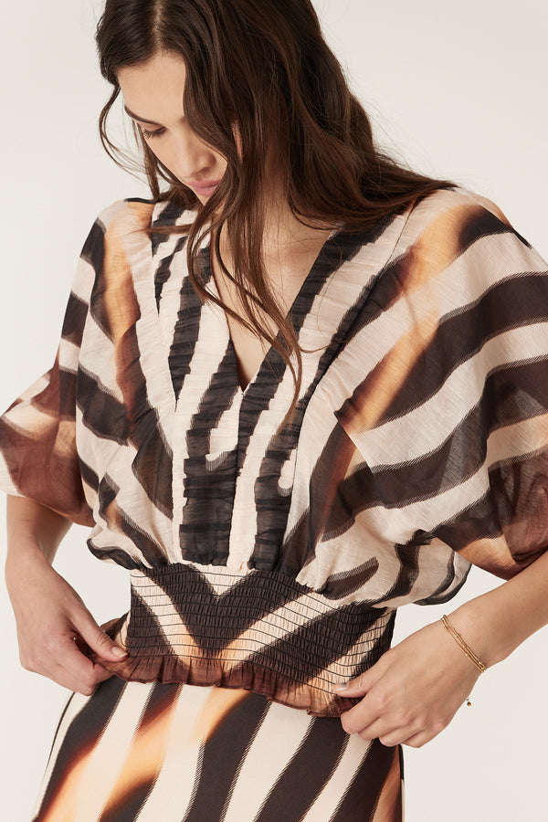 Sasha Blouse: Zebra print linen blend blouse with V-neck, batwing sleeves, and shirred waist.