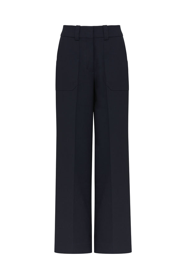 Navy Evie wide leg pants with a high fixed waistband and front patch pockets.