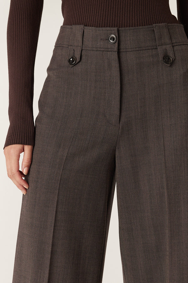 Mocha Fletcher Wool Pant with high waist, wide leg, flat front, and tab belt loop details.