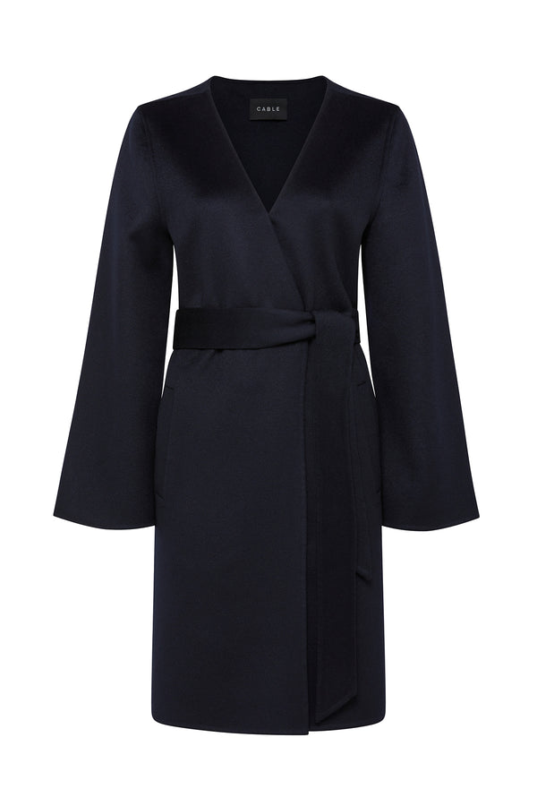 Navy Lawson Coat: relaxed fit, double-faced wool, flared sleeves, and matching fabric belt.