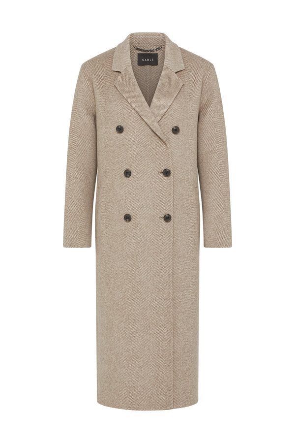 Fawn Ainsley Coat: double-breasted, long-line, herringbone wool blend with notched lapels and dark buttons.