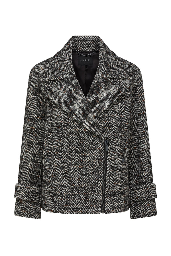 Roy Jacket: Black marle herringbone bouclé wool blend biker jacket with black metal zip and cuff tabs.