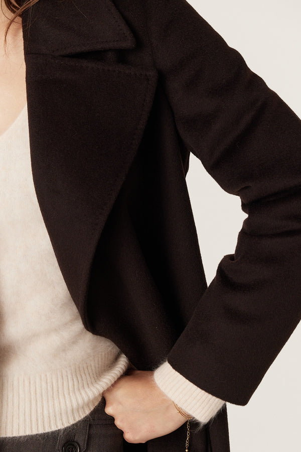 Evans Espresso wool coat, tailored fit, wrap closure, and pick stitch detail.