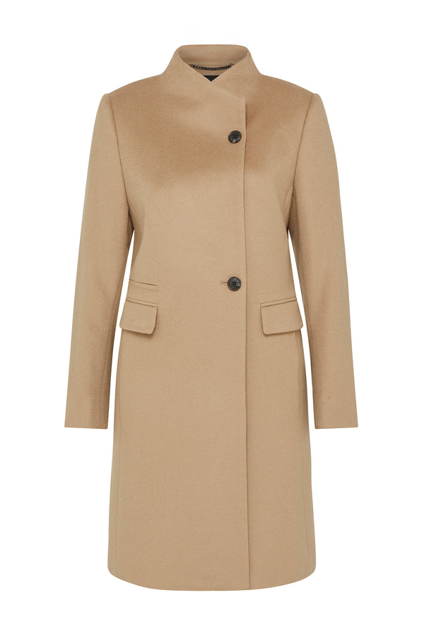 Camel Eton wool coat with a stand collar, two dark buttons, and two flap pockets.