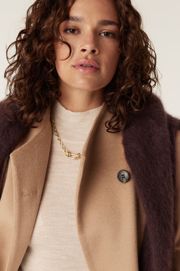 Close-up of a woman in a camel wool coat, cream ribbed top, gold chain necklace, and a dark brown fuzzy scarf.