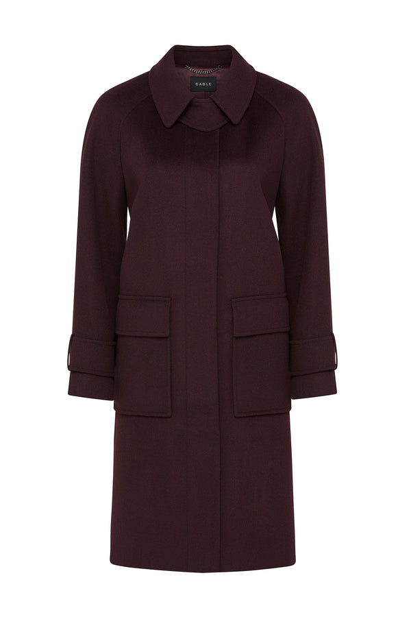 Port-colored Oxford coat with a classic collar, front button closure, and two large patch pockets.