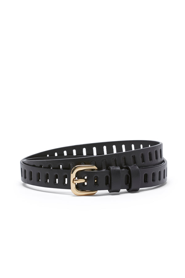 Black genuine leather belt with multiple eyelets and a gold buckle, coiled on a white background.
