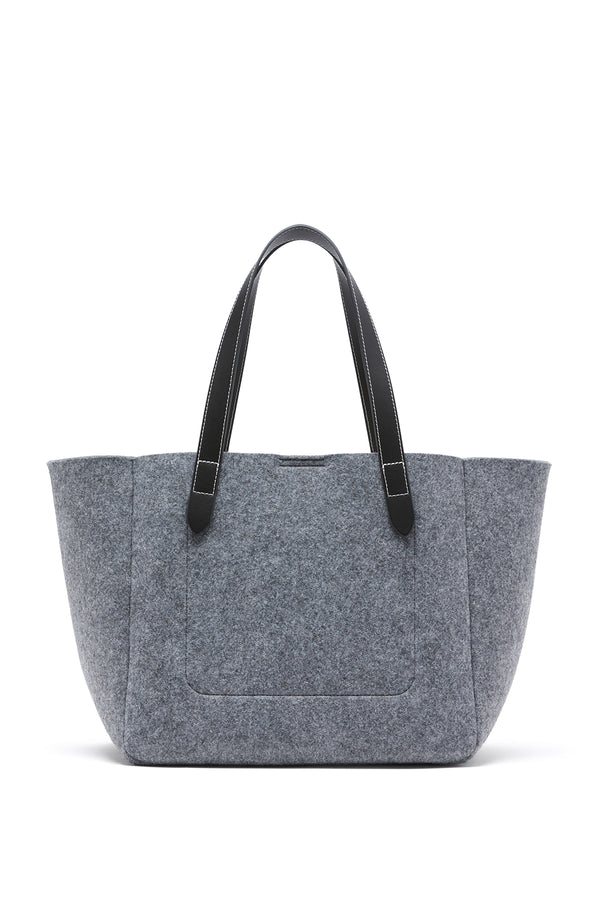 Charcoal marle wool blend felt travel tote with black genuine leather handles.