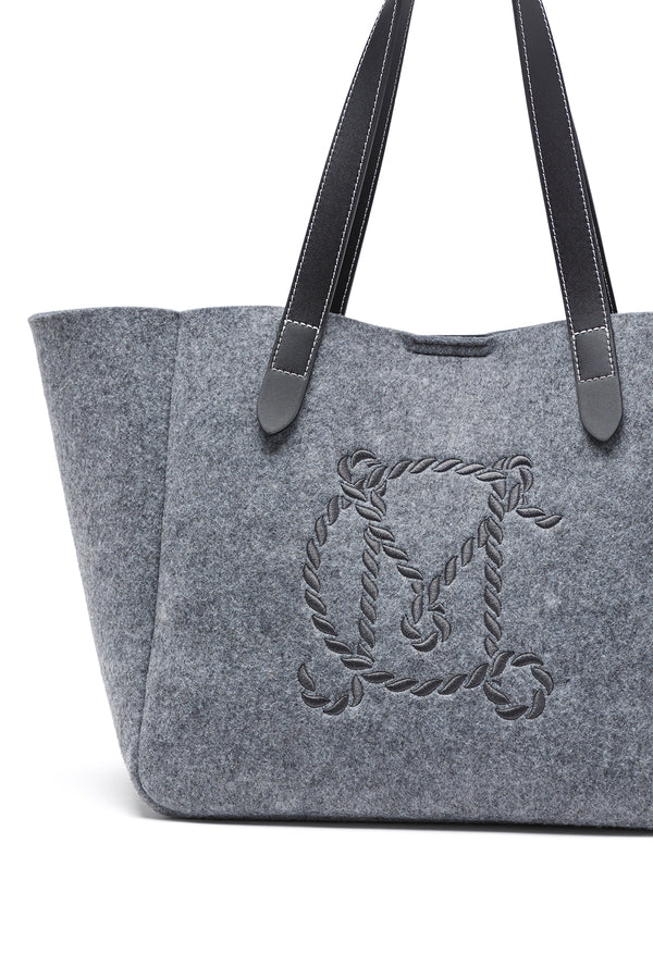 Charcoal marle wool blend felt travel tote with black leather handles and embroidered logo.