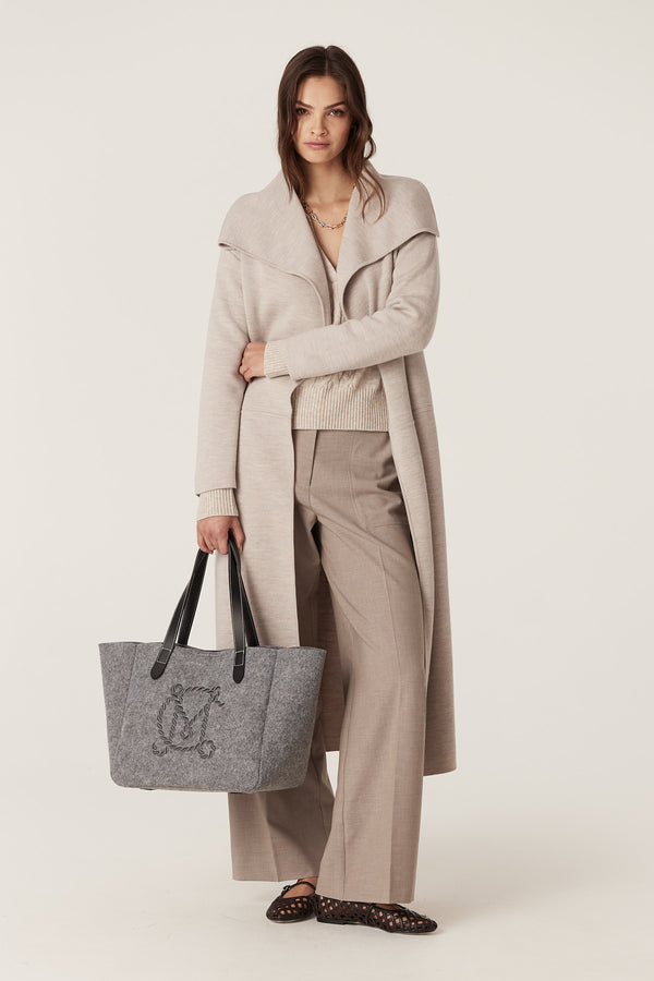 Charcoal marle wool blend felt travel tote with black leather handles and embroidered logo.