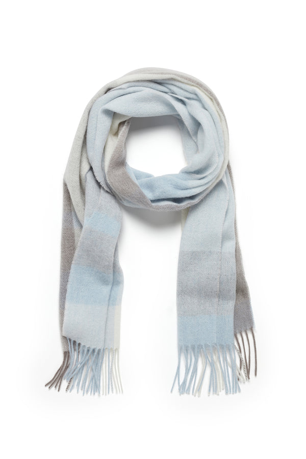Soft pure wool scarf in blue, gray, and white plaid with fringe ends.