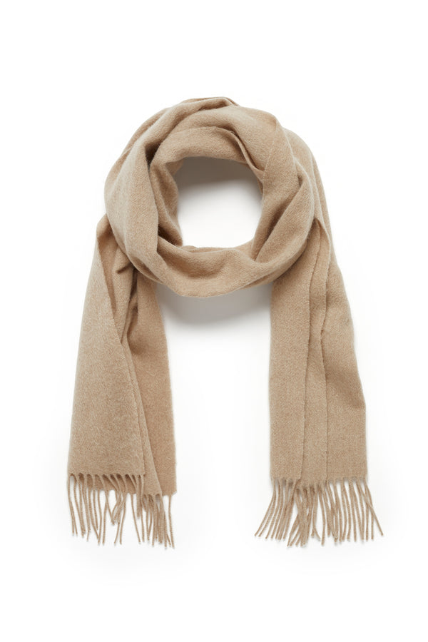 Soft camel pure wool scarf with fringed ends, draped elegantly.