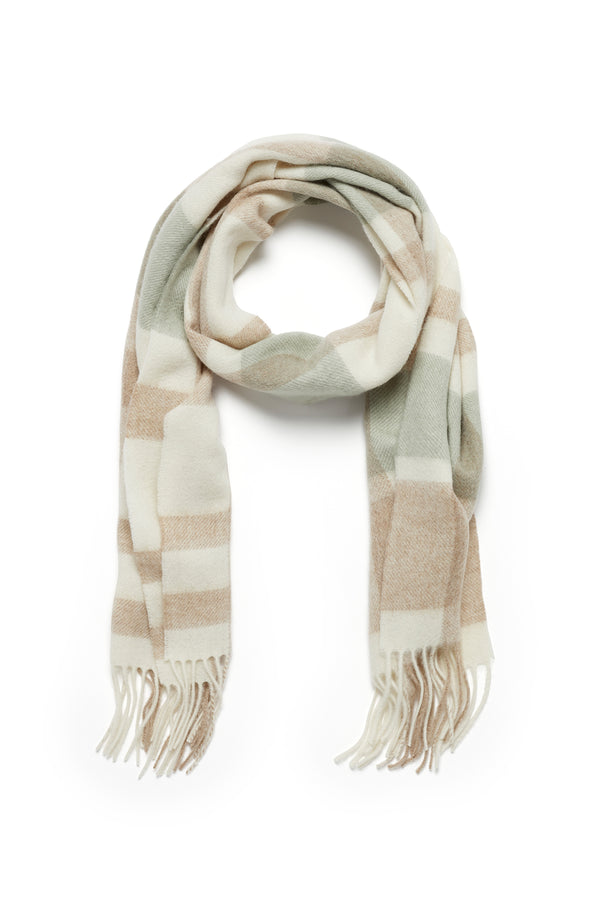 Pure wool scarf in sage green, cream, and tan check pattern with fringe.