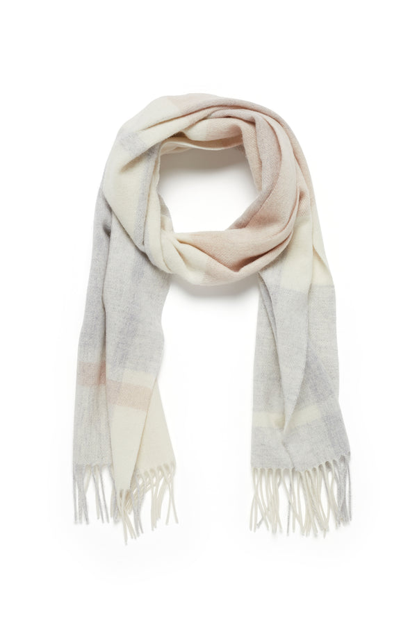 Soft pure wool scarf in blush, cream, and grey check with fringed ends.