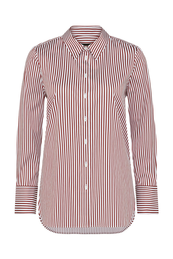 Henri Stripe Shirt: Red and white vertical striped long-sleeve button-down shirt with pointed collar.