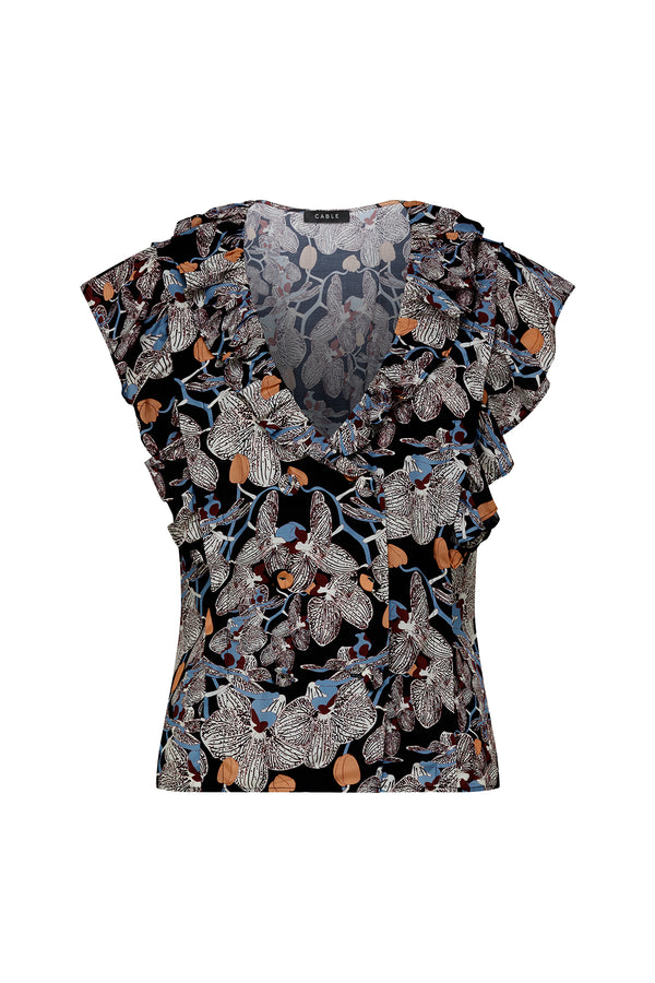 Leigh Frill Top in black orchid print silk blend, featuring a V-neck with frill and armhole frills.