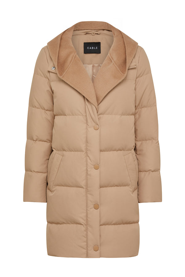 Camel Henderson Puffer jacket with a soft, contrasting collar and button-front closure.