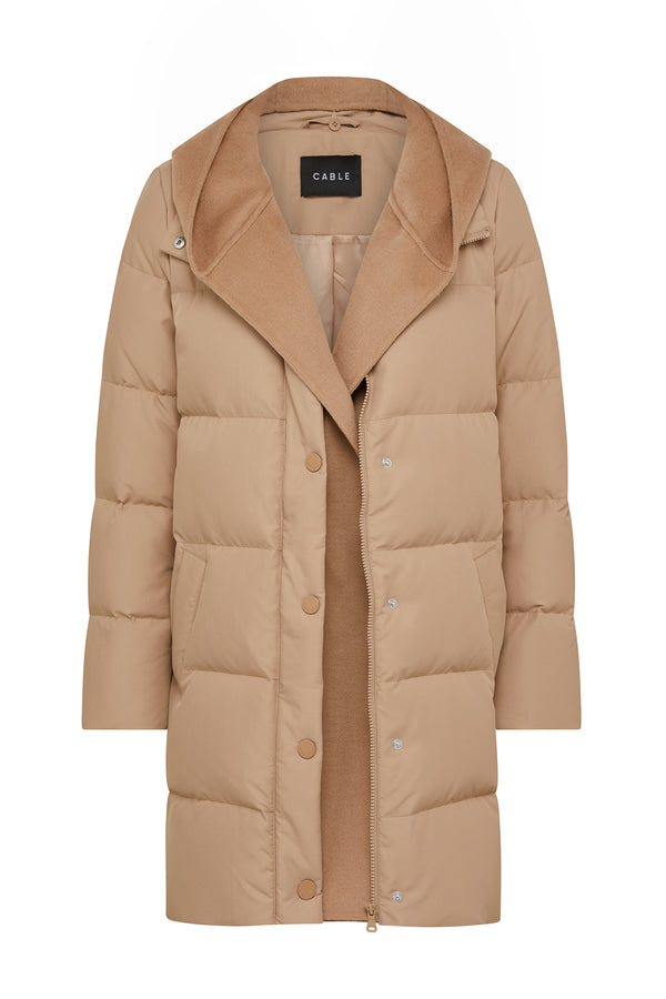 Camel puffer coat with a contrasting tan wool-blend collar and button-front closure.