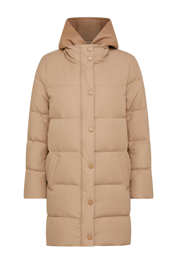 Camel Henderson puffer jacket with a contrasting brown hood, button-front closure, and side pockets.