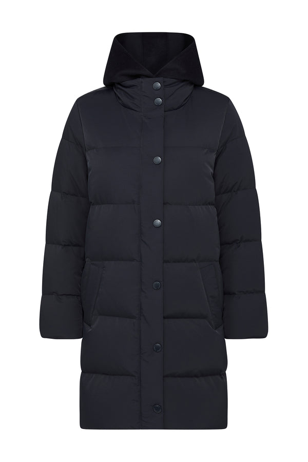 Navy Henderson Puffer jacket with a hood, button-front closure, and two front pockets.