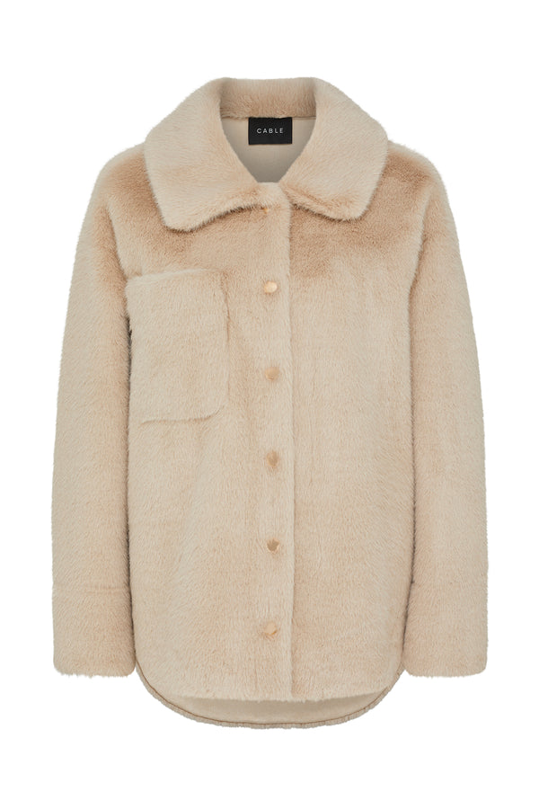 Camel Franzi Jacket: plush faux fur, collared, button-front, single chest pocket.