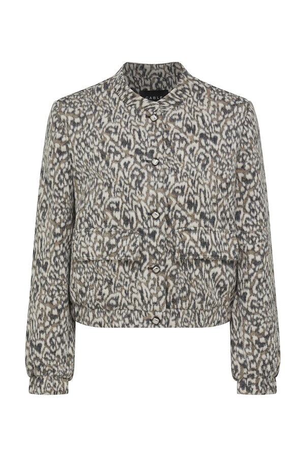 Heike Animal print jacket with silver buttons, rounded collar, and elasticized hem.