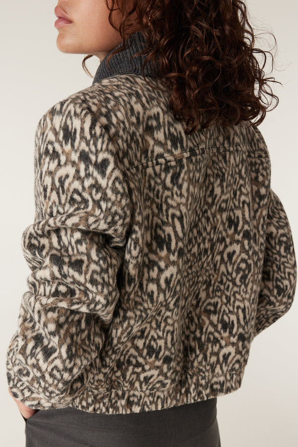 Heike Animal print jacket, cropped bomber style, with a grey ribbed collar and elasticized hem.