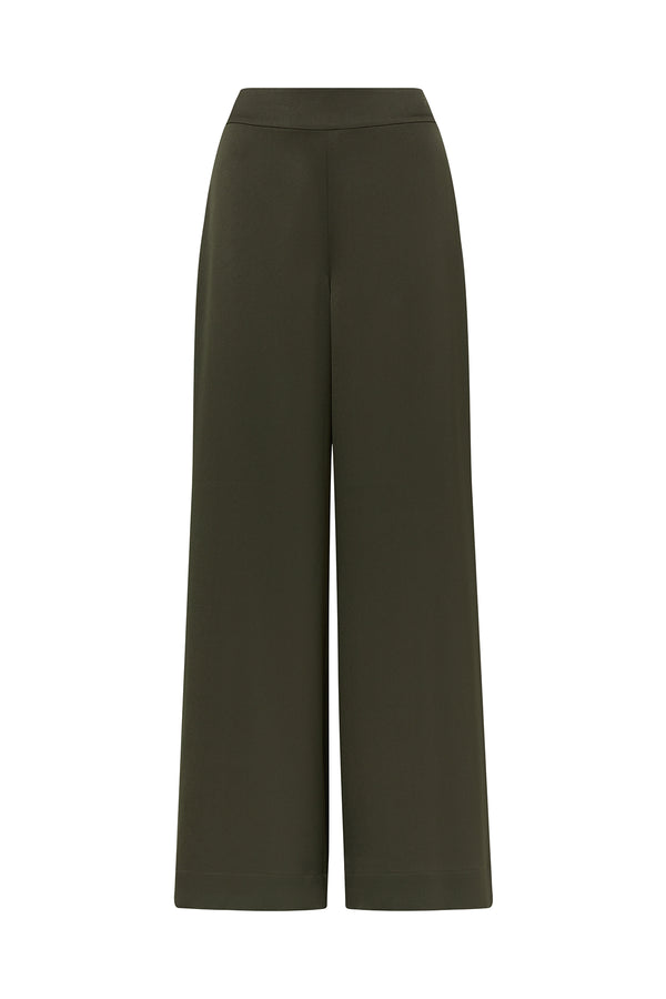 Olive green Sibelle wide-leg pants with a flat waistband and smooth fabric.