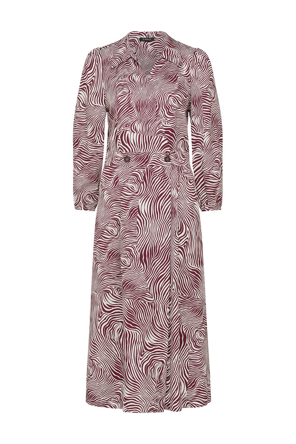 Anouk zebra print midi dress in burgundy and cream with long sleeves and double-breasted buttons.