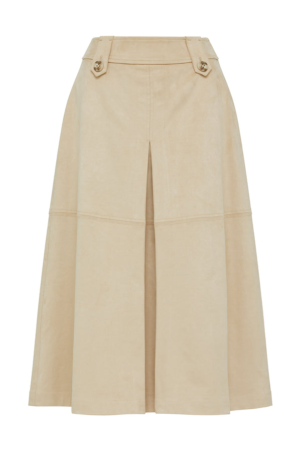 Natural Ines faux suede midi skirt with front pleat and decorative gold buttons.