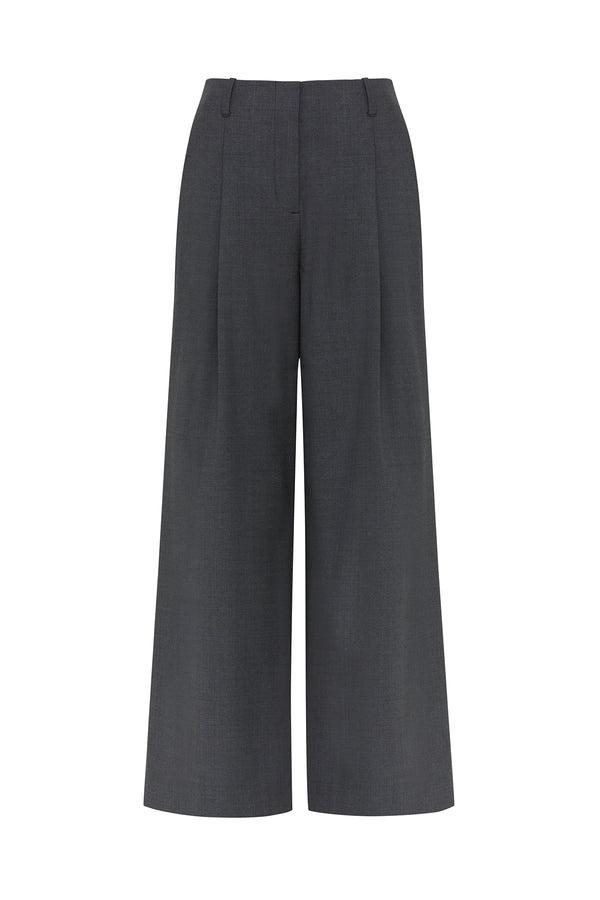 Charcoal marle Lyon wool wide-leg pants with front pleats and a flat waistband.
