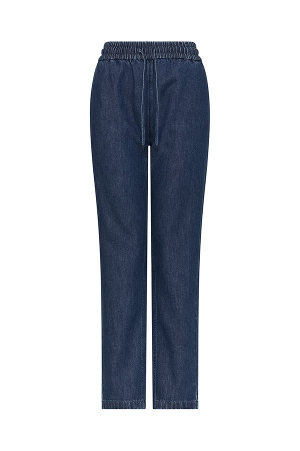 Essie Indigo denim jogger with an elastic drawstring waist and straight leg.
