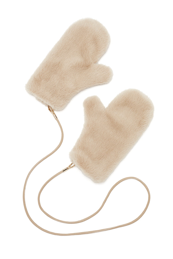 Pair of soft camel faux fur mittens connected by a thin beige strap with gold clasps.