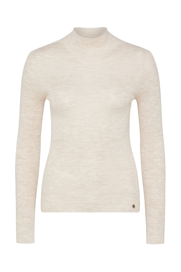 Oatmeal superfine merino wool slim-fit turtleneck with a mock neck and subtle branded plate.