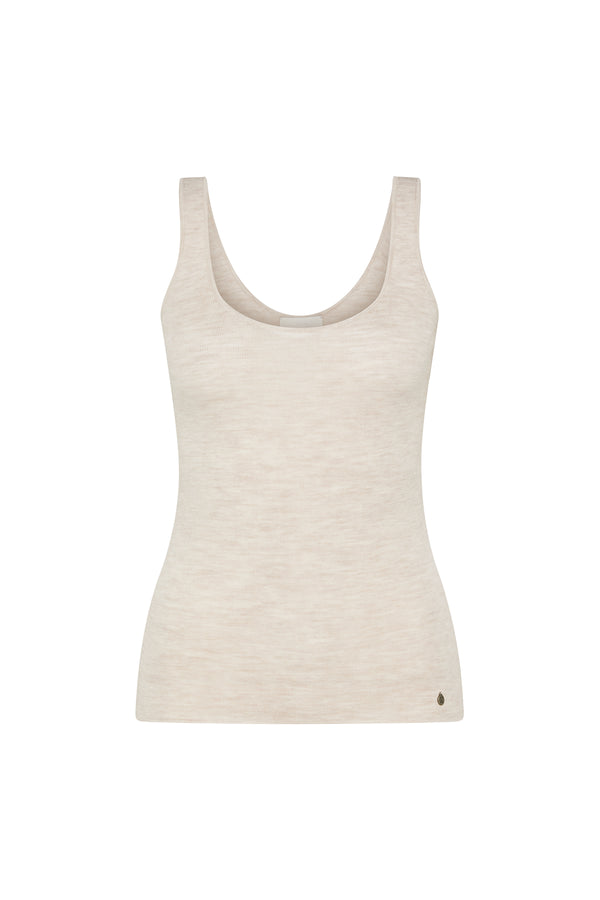 Oatmeal superfine merino wool singlet with a round neckline, slim fit, and subtle Heritage branded plate.