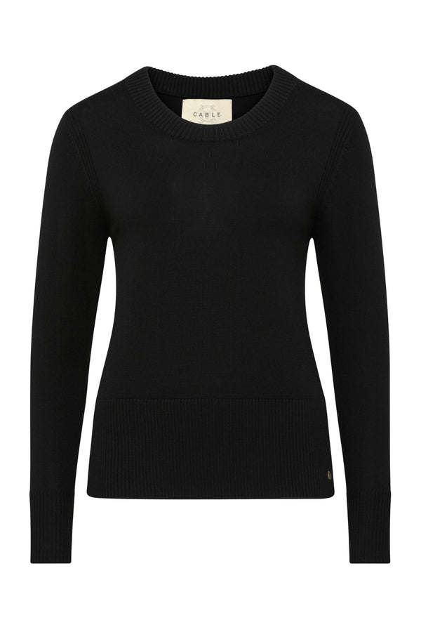 Black Merino wool crew neck jumper with ribbed cuffs, hem, and armhole stitch detail.
