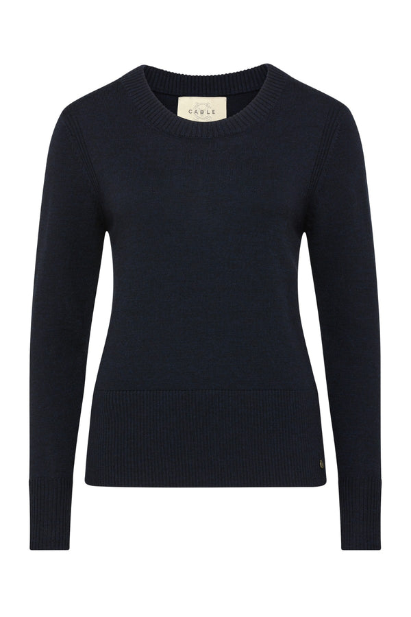 Midnight Navy Merino wool crew neck jumper with rib trims, armhole stitch detail, and a subtle branded plate.