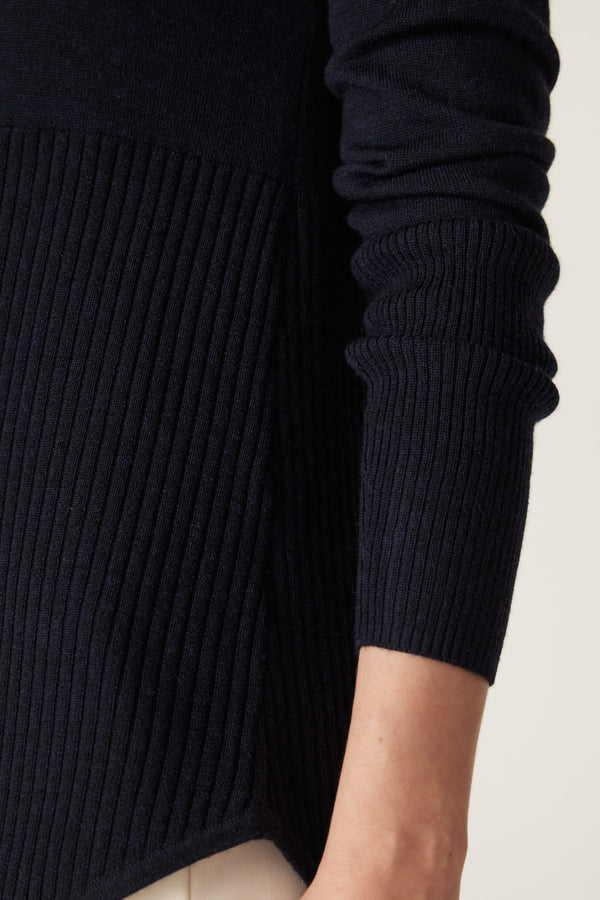 Midnight Navy Merino wool jumper with ribbed lower panel and deep ribbed sleeves.