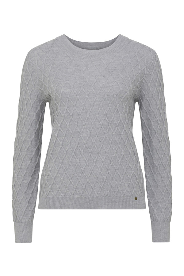 Grey marle Merino wool jumper with diamond cable knit, crew neck, and ribbed trims.