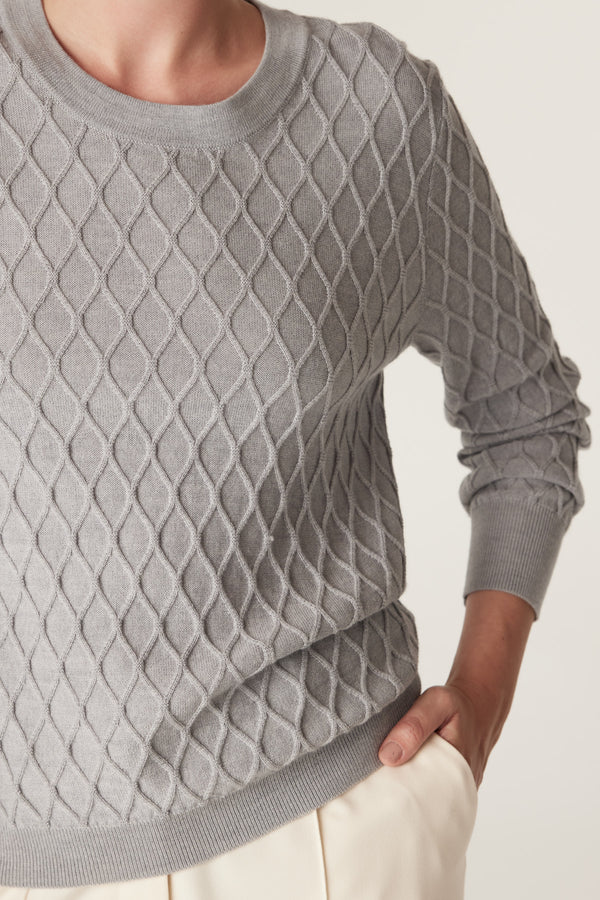 Grey marle Merino wool jumper with diamond cable knit, crew neck, and ribbed trims.